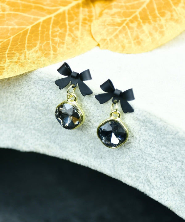 Sowpeace Gold Black Stainless Steel Crystal Ribbon Earrings | Elegant One‑Size Lightweight Jewelry for Women & Daily Wear — main view