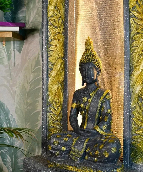 Sowpeace Golden Buddha Water Fountain – Elegant Buddha Sitting Against Tall Wall for Luxurious Home Decor & Gifts — main view