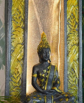 Sowpeace Golden Buddha Water Fountain – Elegant Buddha Sitting Against Tall Wall for Luxurious Home Decor & Gifts — alternate view