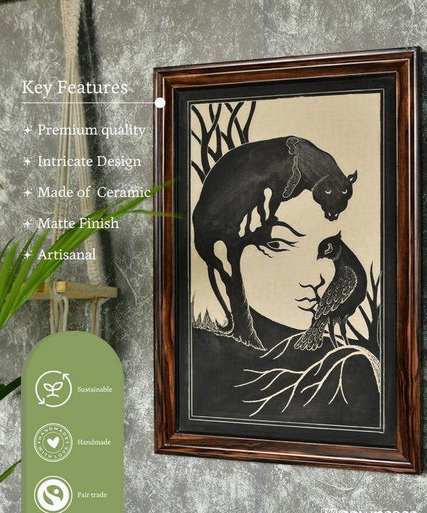 Sowpeace Hand-Carved Ceramic Lady face formed with Panther and bird Wall Décor — image 5