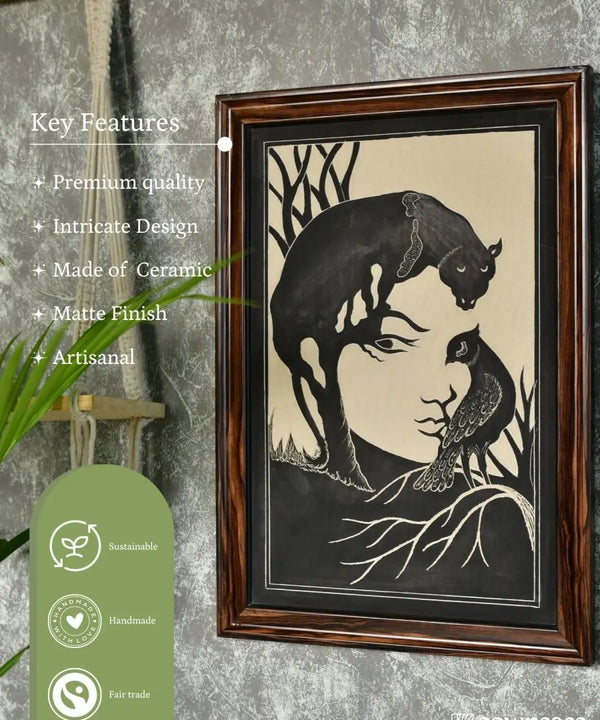 Sowpeace Hand-Carved Ceramic Lady face formed with Panther and bird Wall Décor — image 5