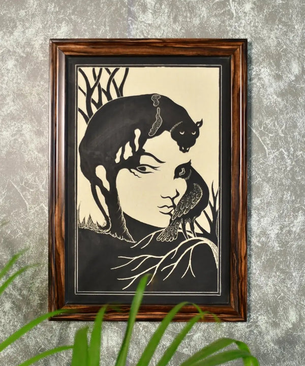 Sowpeace Hand-Carved Ceramic Lady face formed with Panther and bird Wall Décor — main view