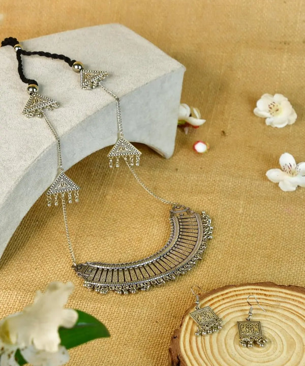 Sowpeace Handcrafted German Silver Long Choker: Four Triangle Design — main view