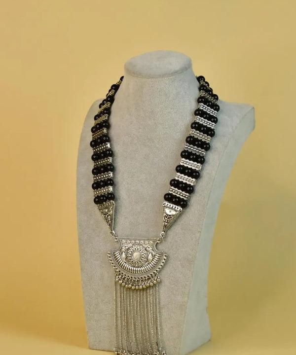 Sowpeace Handcrafted German Silver Necklace: Black Beads & Chain Drops — image 3
