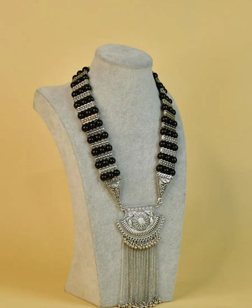 Sowpeace Handcrafted German Silver Necklace: Black Beads & Chain Drops — alternate view