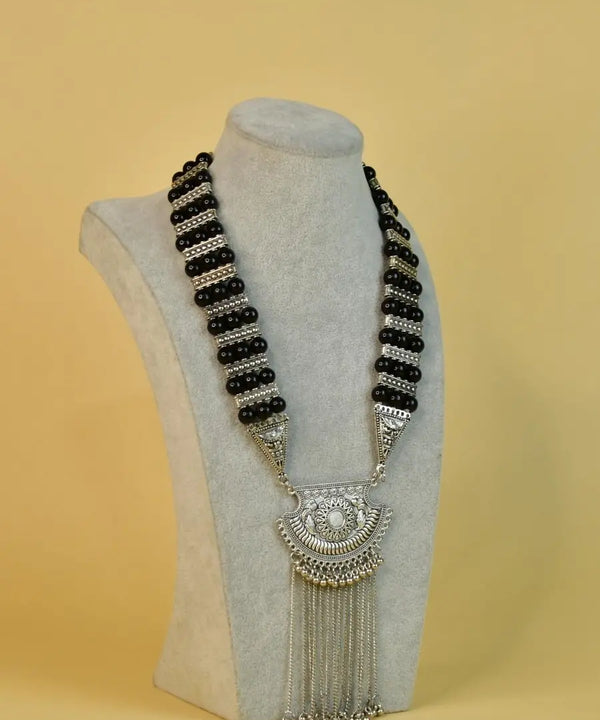 Sowpeace Handcrafted German Silver Necklace: Black Beads & Chain Drops — image 2