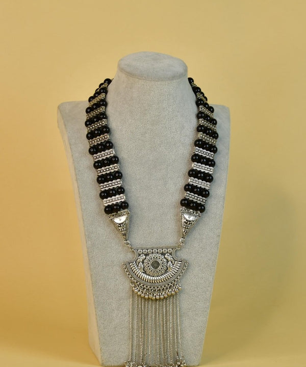 Sowpeace Handcrafted German Silver Necklace: Black Beads & Chain Drops — image 4