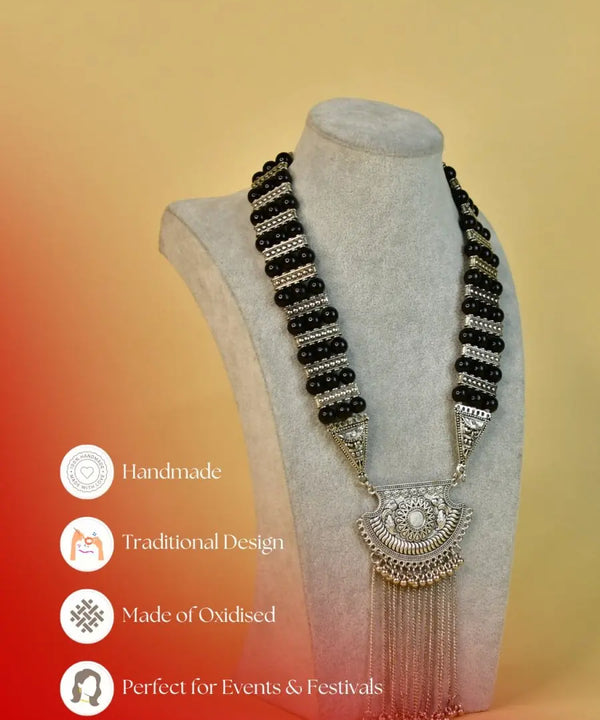Sowpeace Handcrafted German Silver Necklace: Black Beads & Chain Drops — image 6