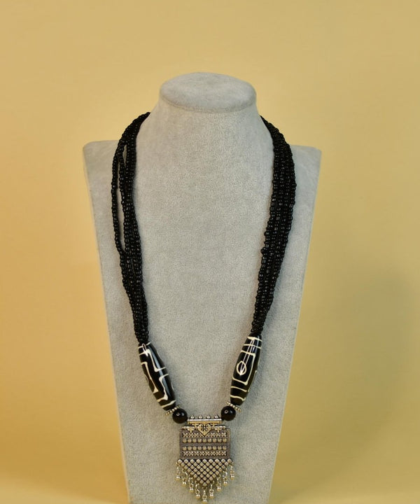 Sowpeace Handcrafted German Silver Necklace: Black Beads & Dzi Pendant — image 4