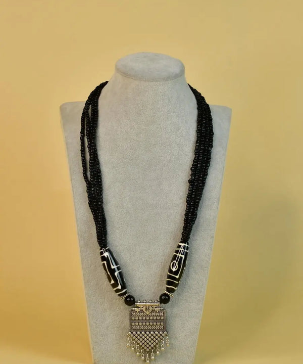 Sowpeace Handcrafted German Silver Necklace: Black Beads & Dzi Pendant — image 4