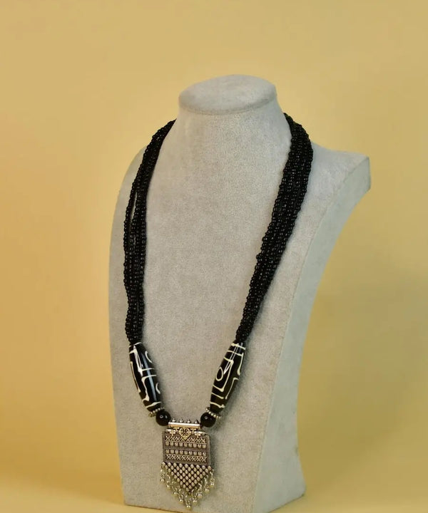 Sowpeace Handcrafted German Silver Necklace: Black Beads & Dzi Pendant — image 3