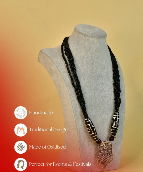 Sowpeace Handcrafted German Silver Necklace: Black Beads & Dzi Pendant — image 6