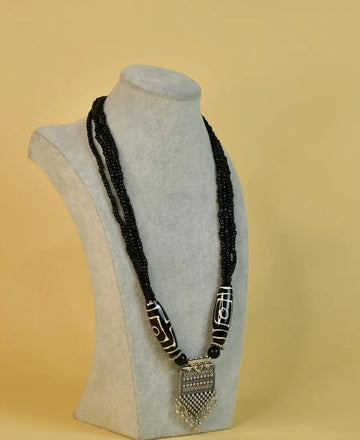 Sowpeace Handcrafted German Silver Necklace: Black Beads & Dzi Pendant — alternate view