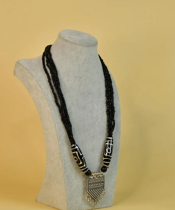 Sowpeace Handcrafted German Silver Necklace: Black Beads & Dzi Pendant — image 2