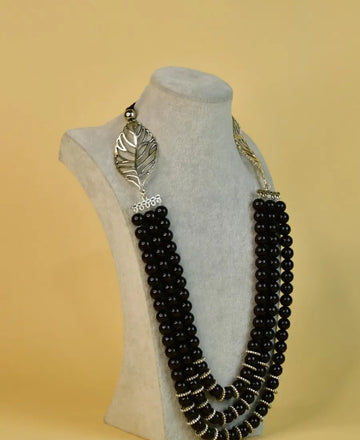 Sowpeace Handcrafted German Silver Necklace: Black Beads & Leaf Design — alternate view