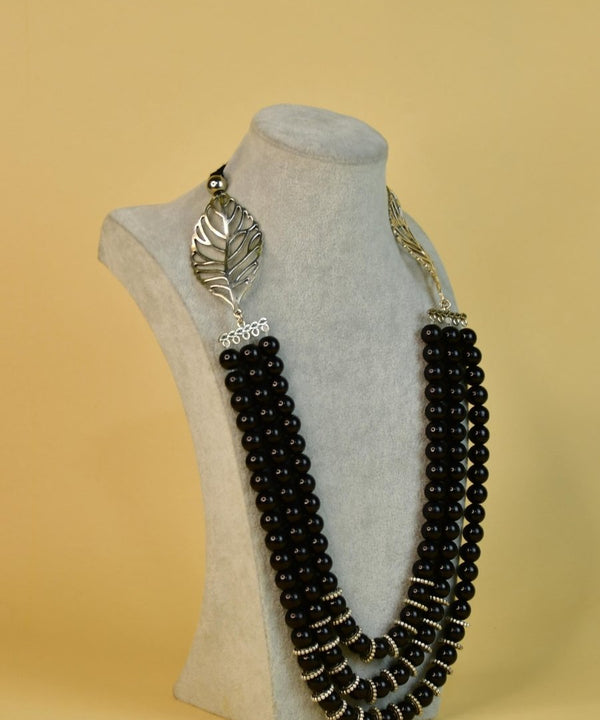 Sowpeace Handcrafted German Silver Necklace: Black Beads & Leaf Design — image 2