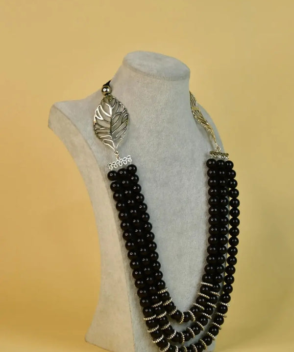 Sowpeace Handcrafted German Silver Necklace: Black Beads & Leaf Design — image 2