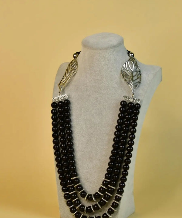 Sowpeace Handcrafted German Silver Necklace: Black Beads & Leaf Design — image 3