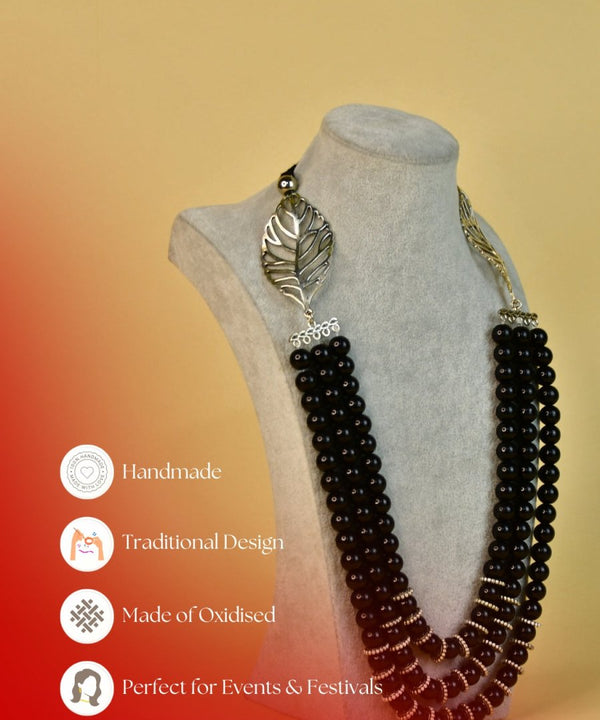 Sowpeace Handcrafted German Silver Necklace: Black Beads & Leaf Design — image 6