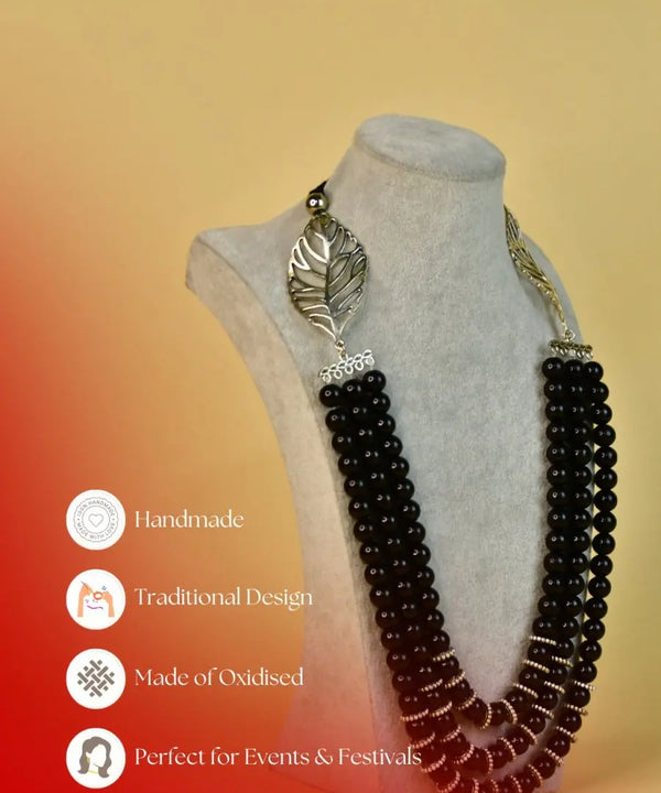 Sowpeace Handcrafted German Silver Necklace: Black Beads & Leaf Design — image 6