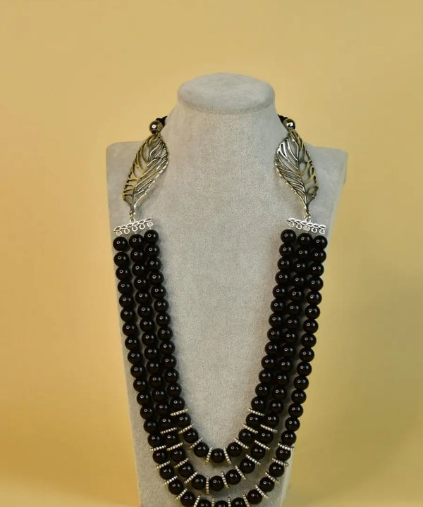 Sowpeace Handcrafted German Silver Necklace: Black Beads & Leaf Design — image 4