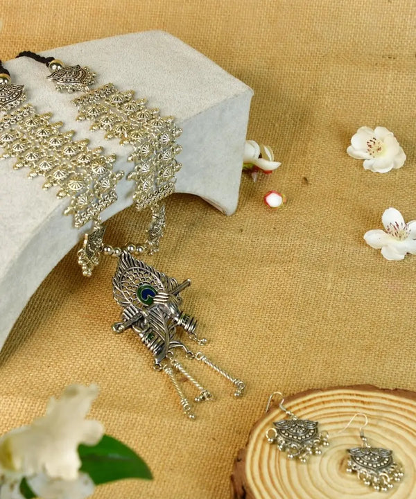 Sowpeace Handcrafted German Silver Necklace: Krishna Flute with Mor Pankh — main view