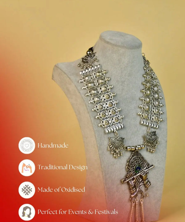 Sowpeace Handcrafted German Silver Necklace: Krishna Flute with Mor Pankh — image 7