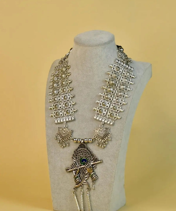 Sowpeace Handcrafted German Silver Necklace: Krishna Flute with Mor Pankh — image 4