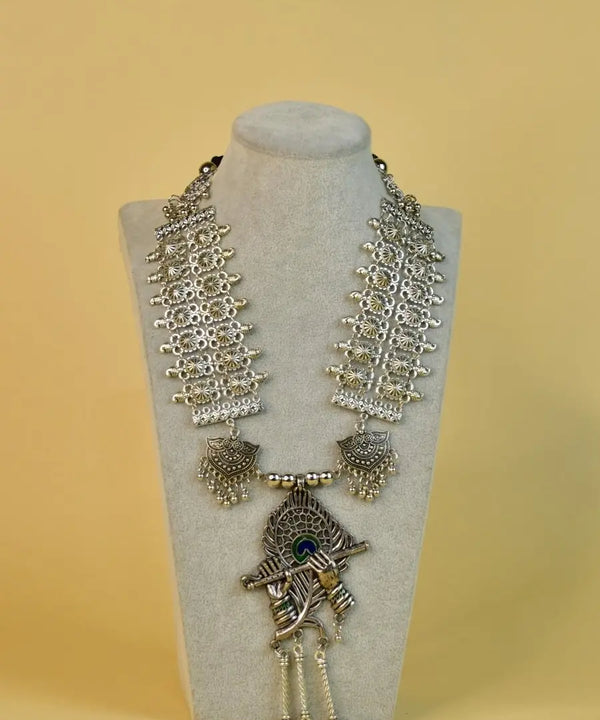 Sowpeace Handcrafted German Silver Necklace: Krishna Flute with Mor Pankh — image 5