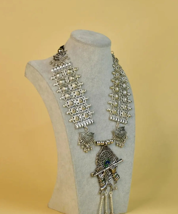 Sowpeace Handcrafted German Silver Necklace: Krishna Flute with Mor Pankh — image 3