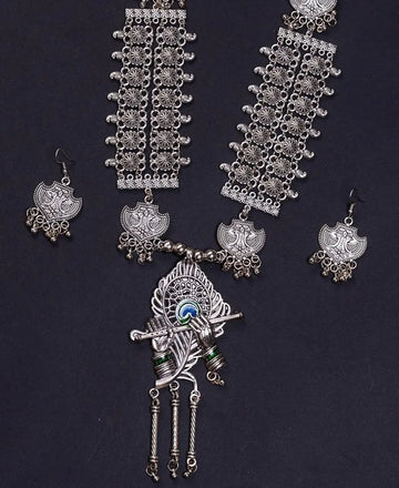 Sowpeace Handcrafted German Silver Necklace: Krishna Flute with Mor Pankh — alternate view