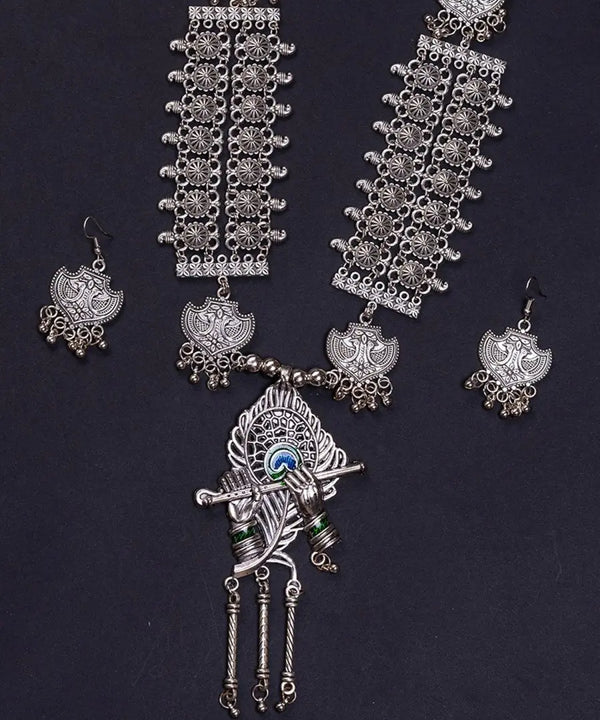 Sowpeace Handcrafted German Silver Necklace: Krishna Flute with Mor Pankh — image 2