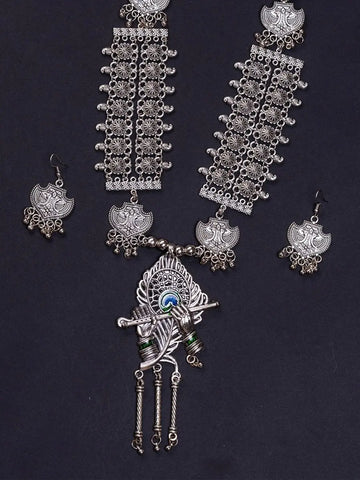 Sowpeace Handcrafted German Silver Necklace: Krishna Flute with Mor Pankh