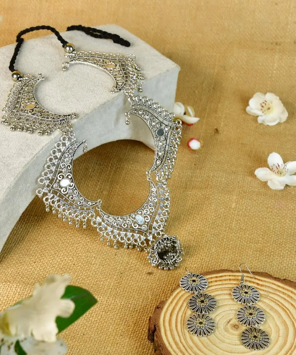 Sowpeace Handcrafted German Silver Necklace: Oxidized Floral Petal Design — main view