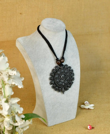 Sowpeace Handcrafted Terracotta Necklace: Black Pendant with Flower Design — alternate view