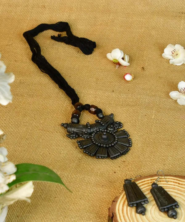 Sowpeace Handcrafted Terracotta Necklace: Crescent Pendant with Petal Design — image 3