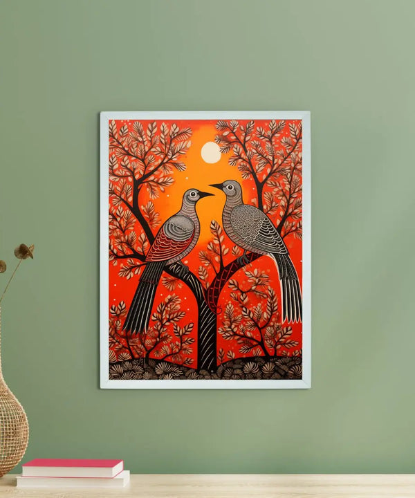 Pigeon Flight, Sunset Symphony: Sowpeace Handcrafted Canvas – Premium Indian-Inspired Art for Stylish Home Interiors — main view