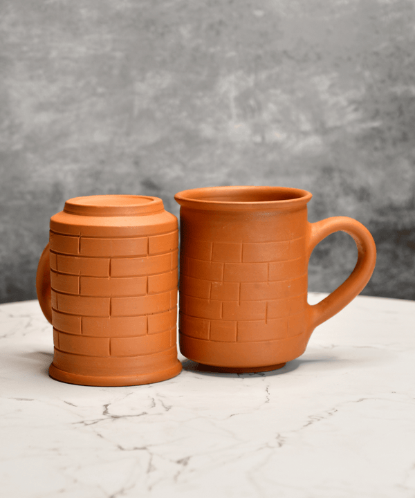 Sowpeace Premium Unglazed Terracotta Imprinted Drink Mugs (Set of 2) | Handcrafted Rustic Brown Coffee & Tea Cups for Gifting & Daily Use — main view