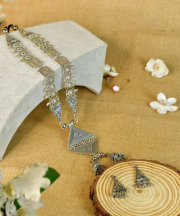 Sowpeace Rhombus Pendant Necklace: German Silver, Black & Dzi Beads — main view