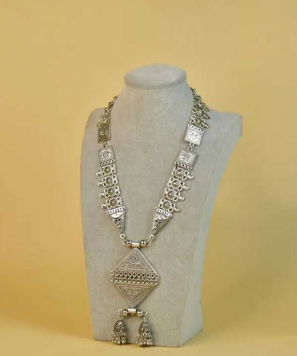 Sowpeace Rhombus Pendant Necklace: German Silver, Black & Dzi Beads — image 2
