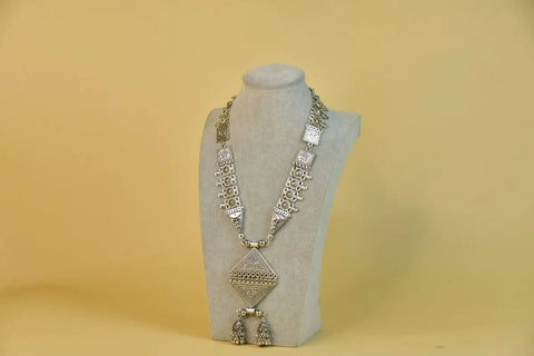 Sowpeace Rhombus Pendant Necklace: German Silver, Black & Dzi Beads
