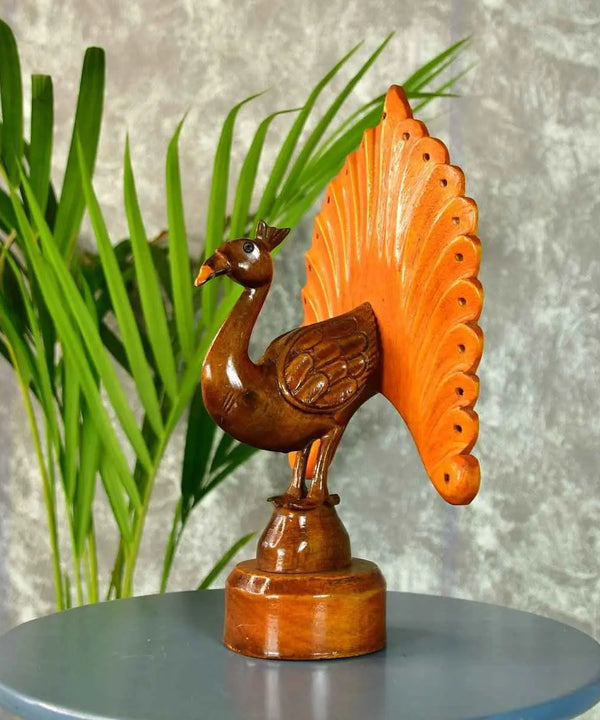 Sowpeace Wooden Peacock: Artisan Bicolor Tabletop Decor — main view
