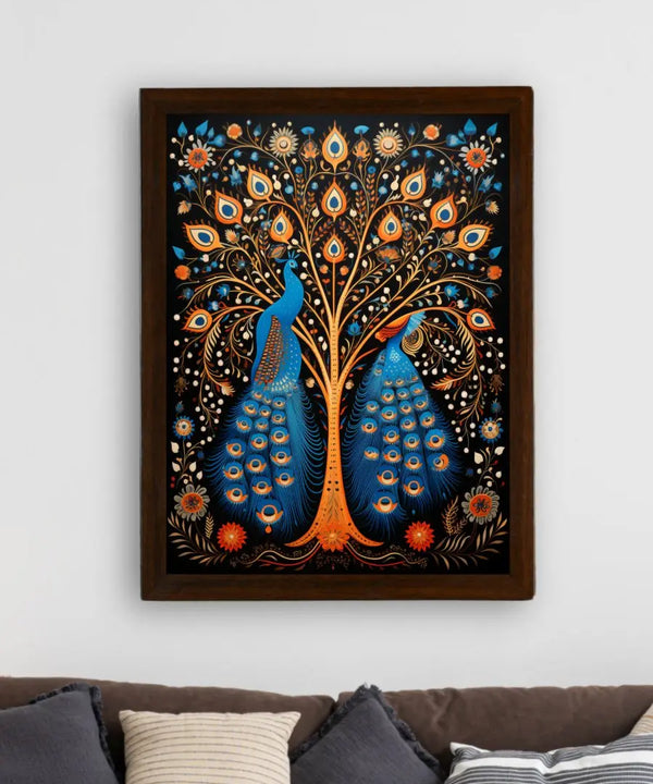 Twin Flames: Handcrafted Enchanting Peacock Print – Premium Indian-Inspired Canvas Art for Modern Home Decoration — image 3