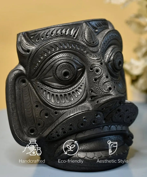 Unique Black Terracotta Asur Mask with Vase - Artisan Home Décor — image 4
