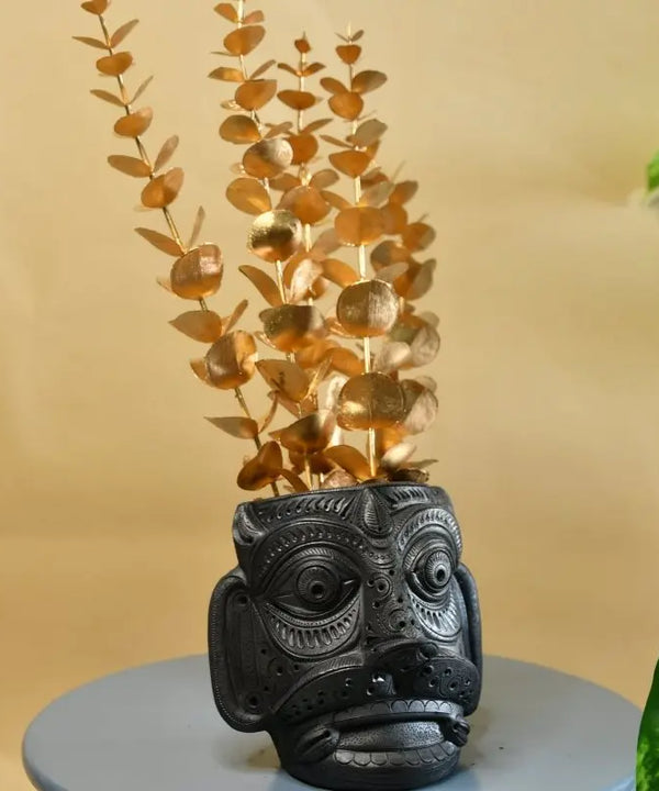Unique Black Terracotta Asur Mask with Vase - Artisan Home Décor — image 3