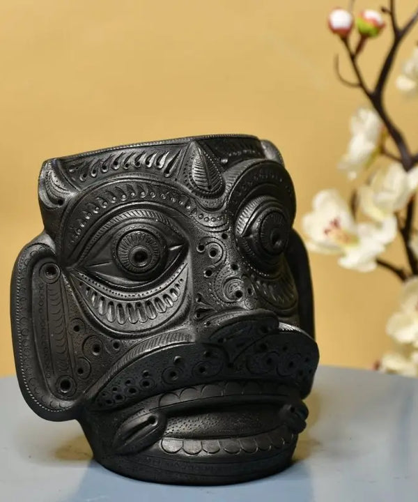 Unique Black Terracotta Asur Mask with Vase - Artisan Home Décor — main view