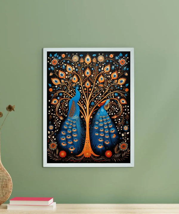 Twin Flames: Handcrafted Enchanting Peacock Print – Premium Indian-Inspired Canvas Art for Modern Home Decoration — main view