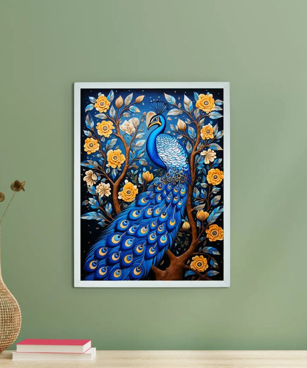 Sowpeace Serenity: Handcrafted Peacock's Tranquil Aura – Premium Indian-Inspired Canvas Art for Elegant Home Decor — main view