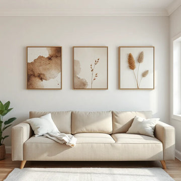 Three modern canvas wall artworks with muted abstract and nature-inspired designs on a living room wall