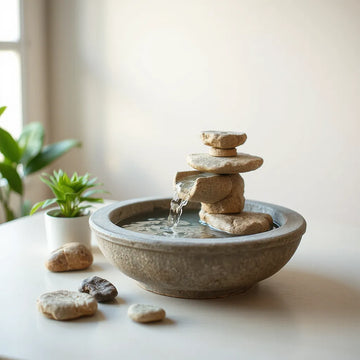 Handcrafted tabletop water fountain with gentle cascading water on a calm, neutral tabletop setup
